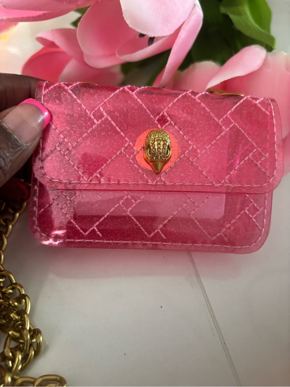 Pink Quilted Clear Crossbody Bag with Gold Accent